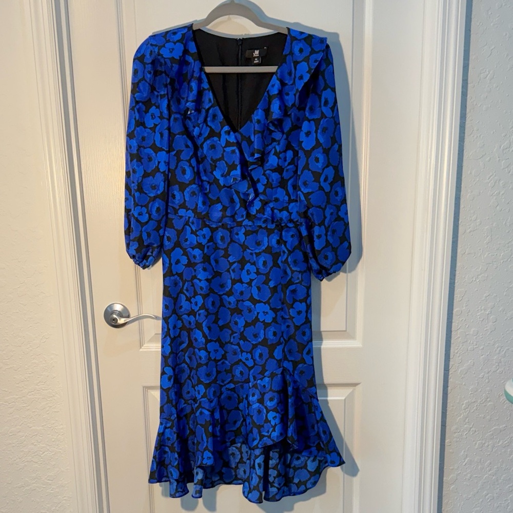 Jason Wu Royal Blue Floral Ruffle Midi Dress V Neck Size M